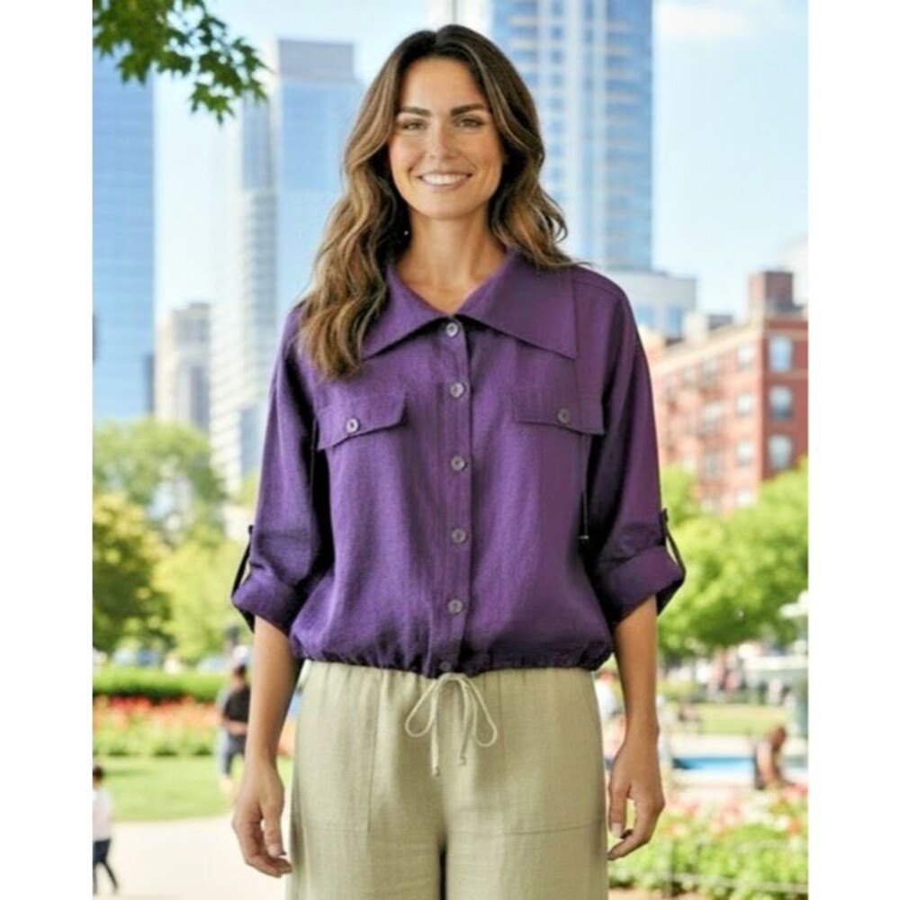 Per Se womens NWOT Linen purple button drawstring waist luxury button top sz 12